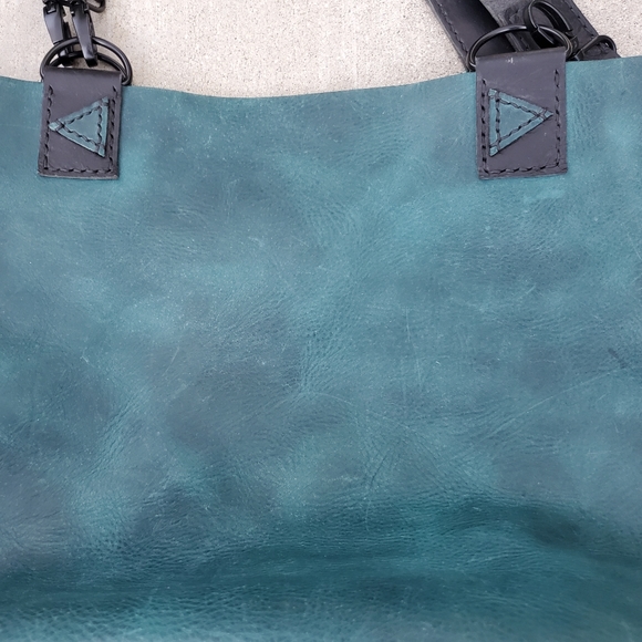 Two Tone Geometric Med Tote Leather Handmade/ Hand Stitched Turquoise & Black - Picture 5 of 9